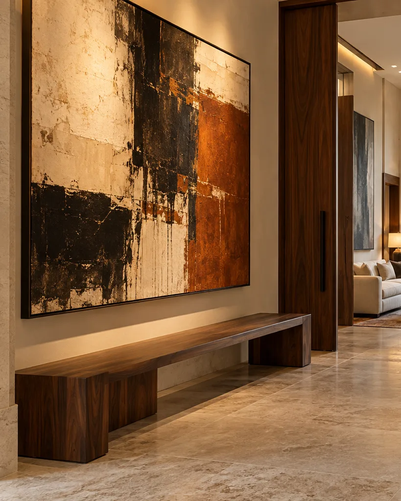 Entrée, grande toile abstraite et banc de bois.