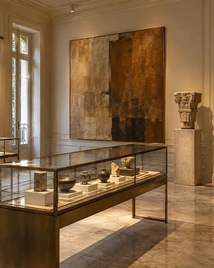 Salle d'exposition privée, vitrines et grandes toiles.