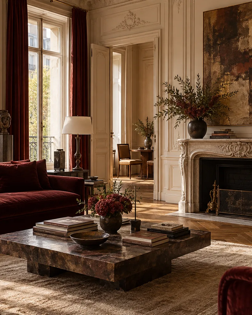 Salon de velours rouge, toile abstraite et sculpture sur la cheminée.