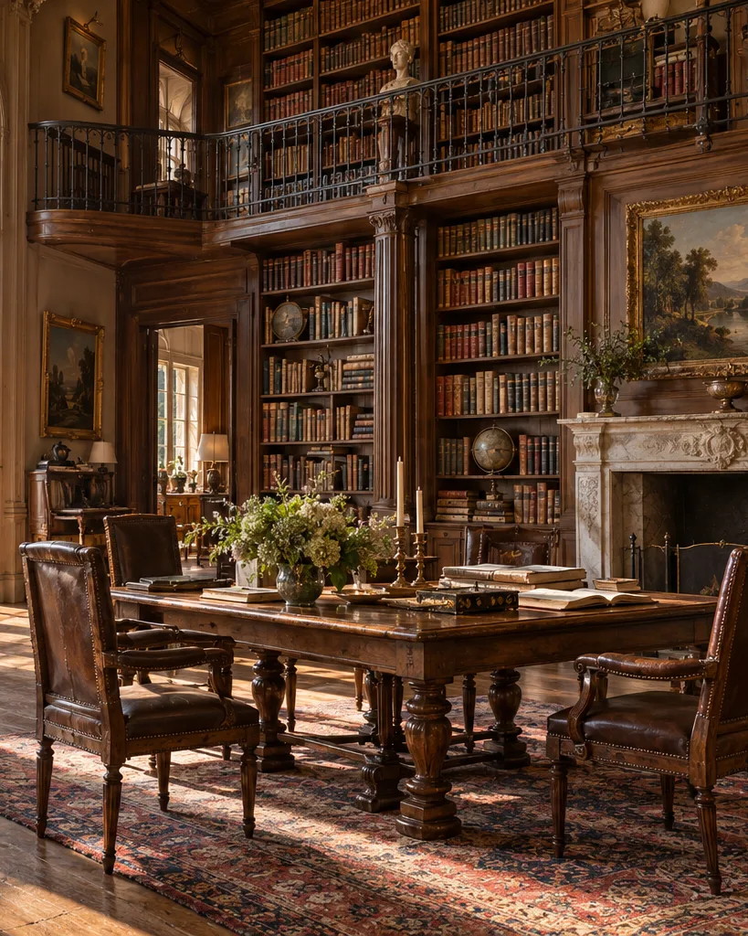 Bibliothèque familiale, portrait ancien et table de travail.