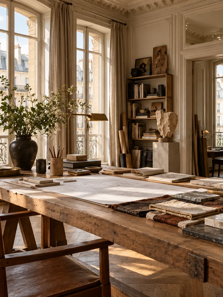 Table de travail couverte de livres, d'albums et de dessins.