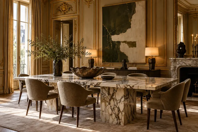 Salle à manger, table de marbre veiné et grande œuvre abstraite.