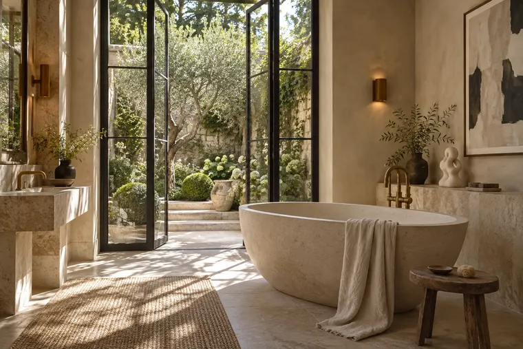 Salle de bains de pierre, baignoire sculptée ouverte sur un jardin d'oliviers.