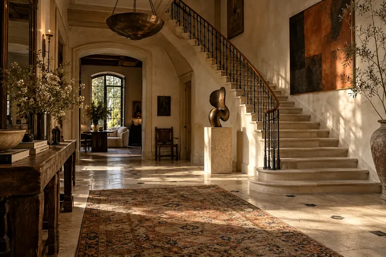 Entrée à escalier de pierre, sculpture de bronze et tapis ancien.