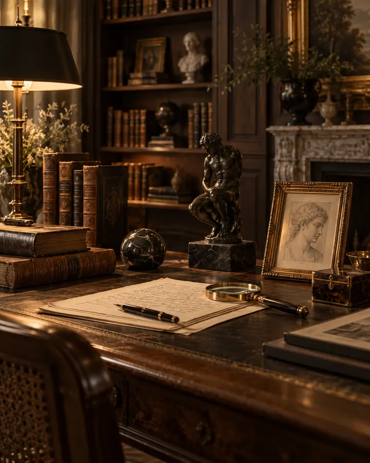 Bureau de collectionneur : livres anciens, bronze, dessin encadré et loupe.