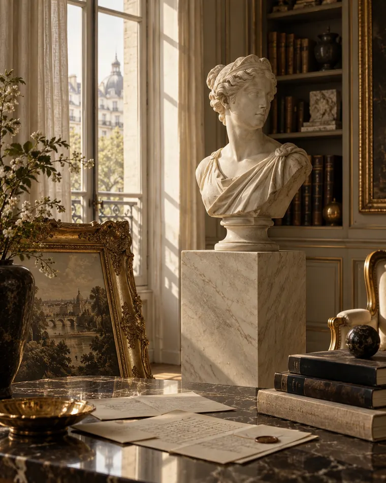 Buste de marbre sur sa colonne, livres reliés et lettres scellées.