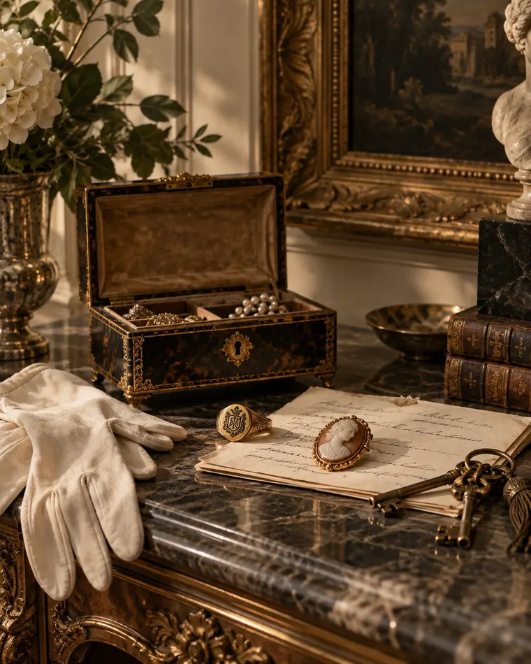 Coffret à bijoux ancien, camée, clés et lettres de famille sur un plateau de marbre.