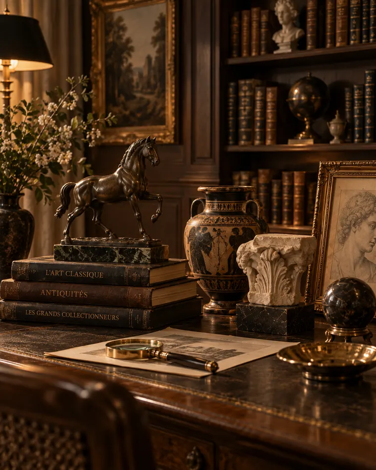 Cabinet de curiosités : cheval de bronze, vase antique, chapiteau et livres de collection.