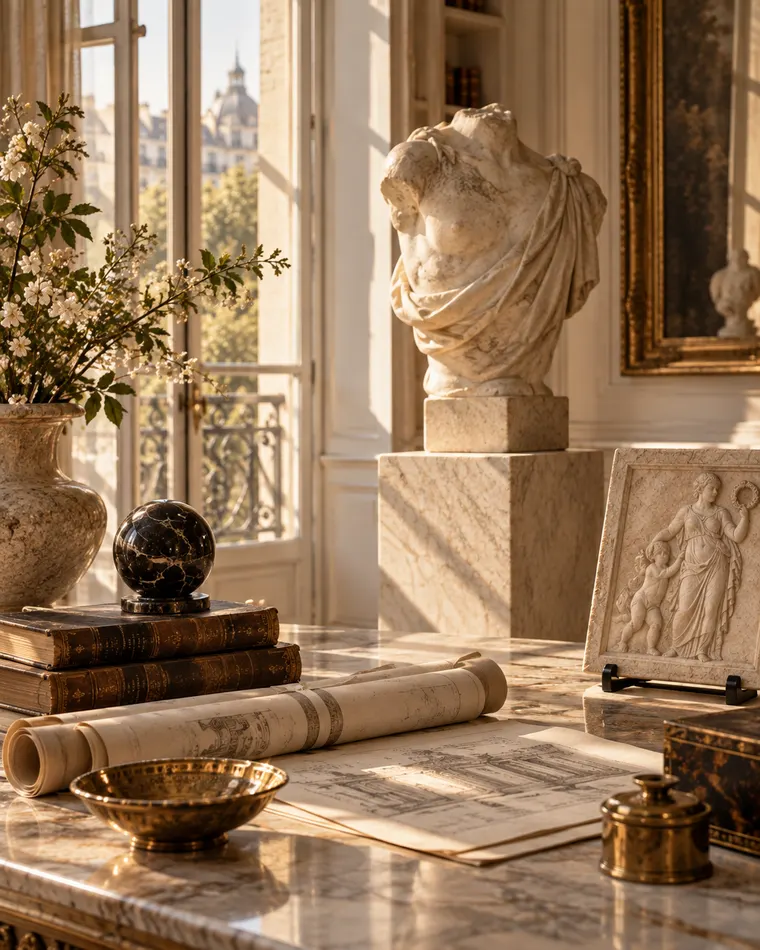 Sculpture antique, bas-relief, rouleaux de dessins et archives dans la lumière.