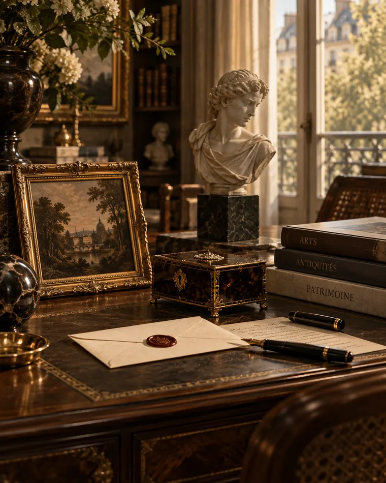 Bureau patrimonial : buste, paysage encadré, coffret et correspondance cachetée.